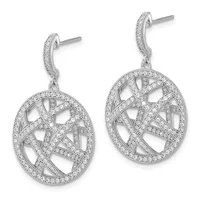 A pair of silver drop earrings with curved posts featuring oval pendants decorated with interlocking geometric patterns and pavé-set cubic zirconia stones throughout.