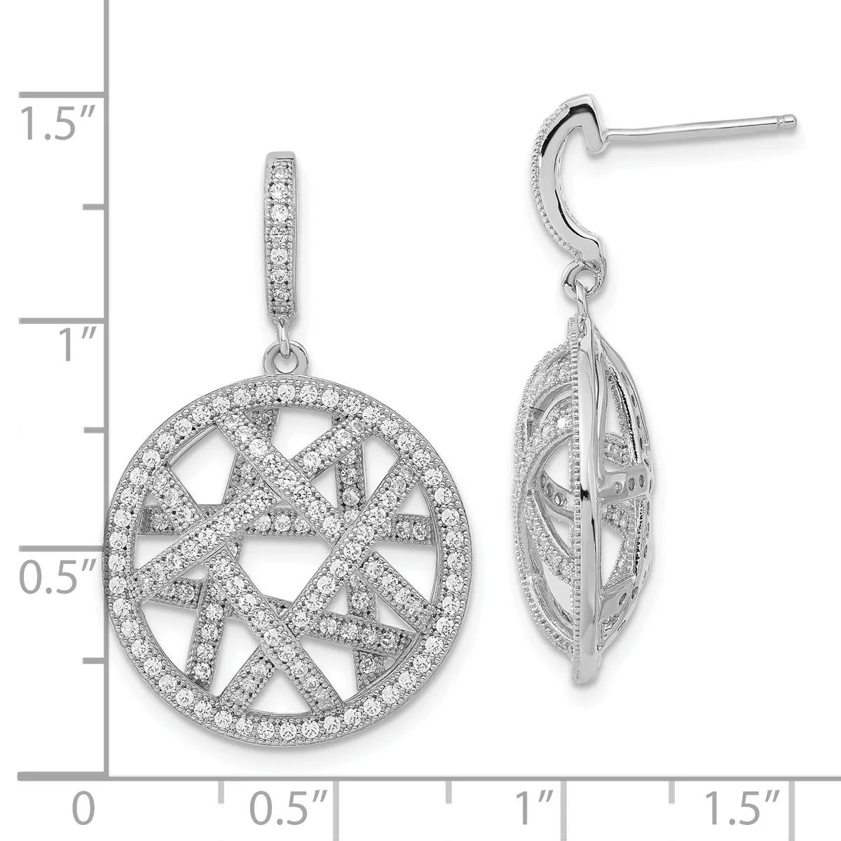 Pair of silver dangle earrings with cubic zirconia stones arranged in a geometric wheel pattern, shown front and side view against a measurement scale.