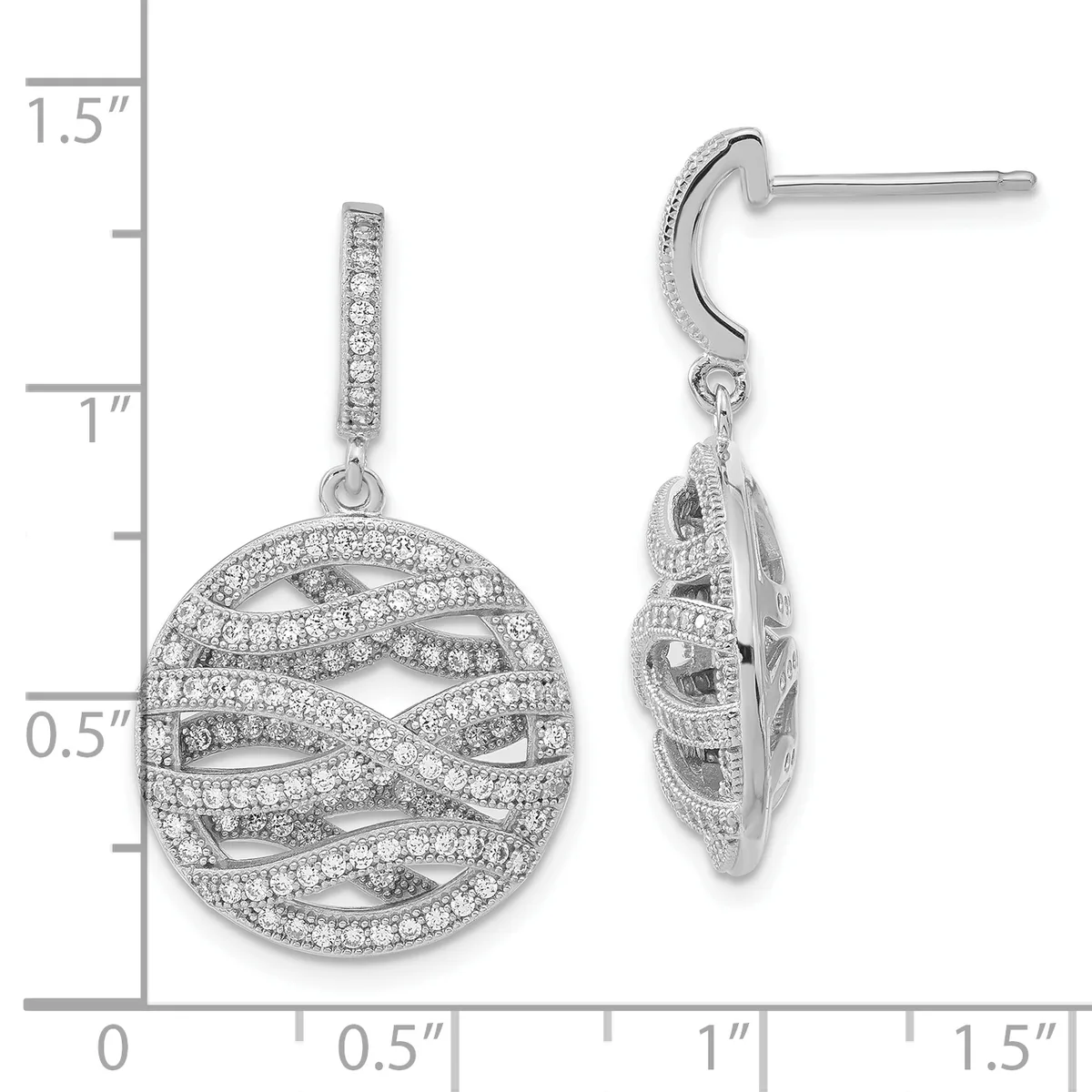 Pair of silver dangle earrings with cubic zirconia stones arranged in a swirling pattern on circular drop pendants, shown from front and side views with measurement scale.