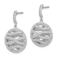 Pair of silver dangle earrings with curved posts topped by diamond-paved bars, featuring circular pendants with interlocking wave patterns set throughout with small round diamonds.