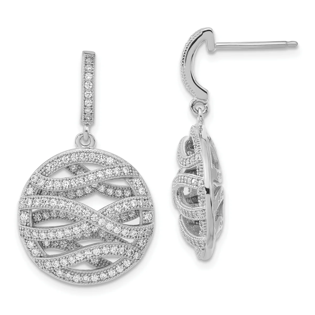 A pair of silver drop earrings with diamond-paved curved bands suspending circular pendants featuring an interlocking wave pattern set with diamonds, shown from front and side views.
