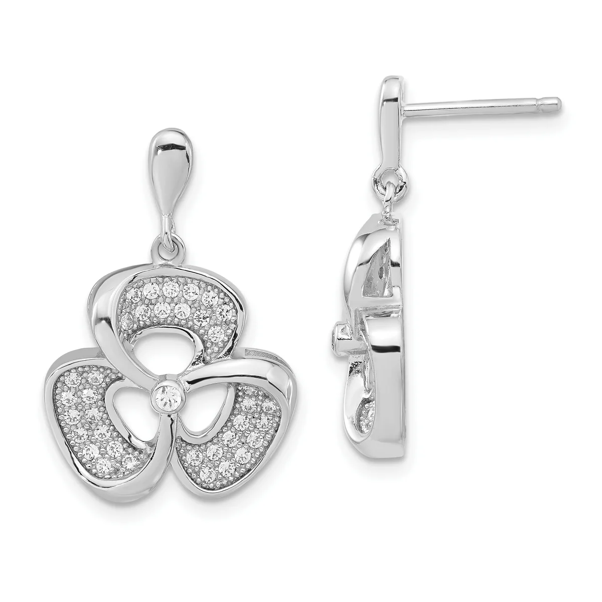 A pair of silver three-petaled flower earrings with diamond pavé petals and a central diamond, shown from front and side views on posts with backs.