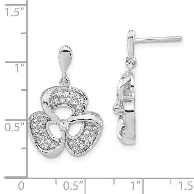 Sterling silver three-petal flower drop earrings with diamond pave settings, shown front and side view against a measurement scale.
