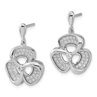 A pair of silver three-petal flower earrings with pave diamond settings and matching stud posts, displayed side by side.