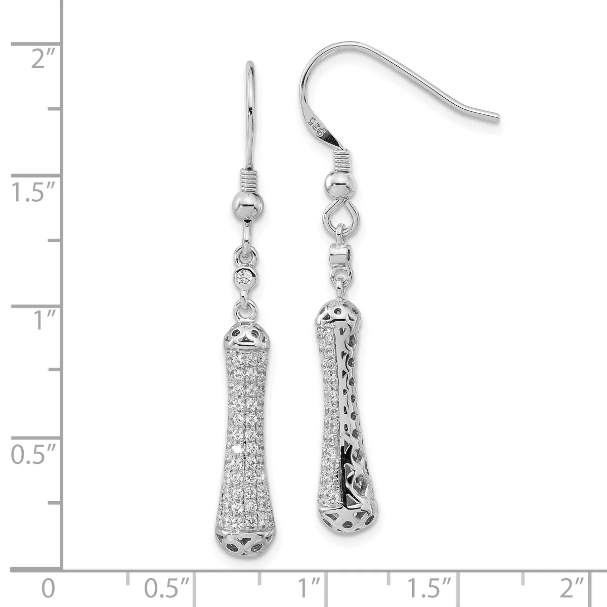 Pair of silver-tone drop earrings with cubic zirconia pave and filigree details, shown against a ruler measuring approximately 1.75 inches in length.