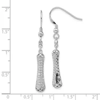 Pair of silver-tone drop earrings with cubic zirconia pave and filigree details, shown against a ruler measuring approximately 1.75 inches in length.