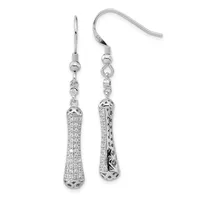 Pair of silver drop earrings with cubic zirconia pave cylindrical pendants hanging from fish hook wires, shown from front and back views.