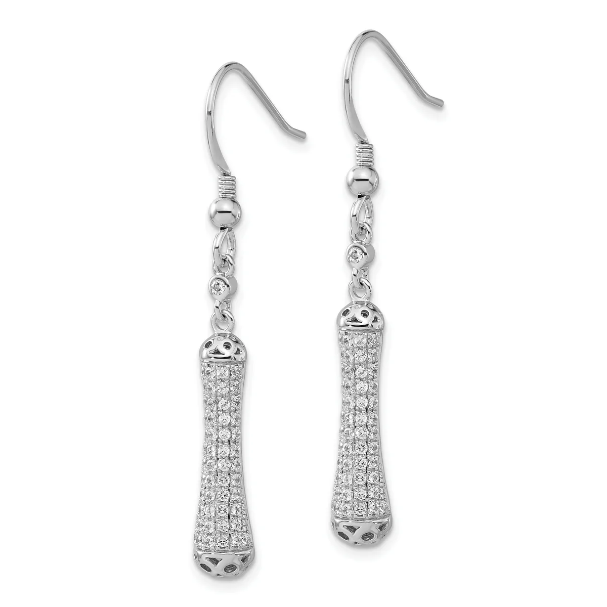 A pair of silver-toned dangle earrings with fish hook closures, featuring elongated cone-shaped pendants densely set with small round crystals or cubic zirconia stones.