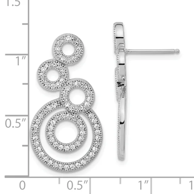 A pair of silver dangle earrings with cascading open circles outlined in diamond pavé, shown from front and side views against a measurement scale.