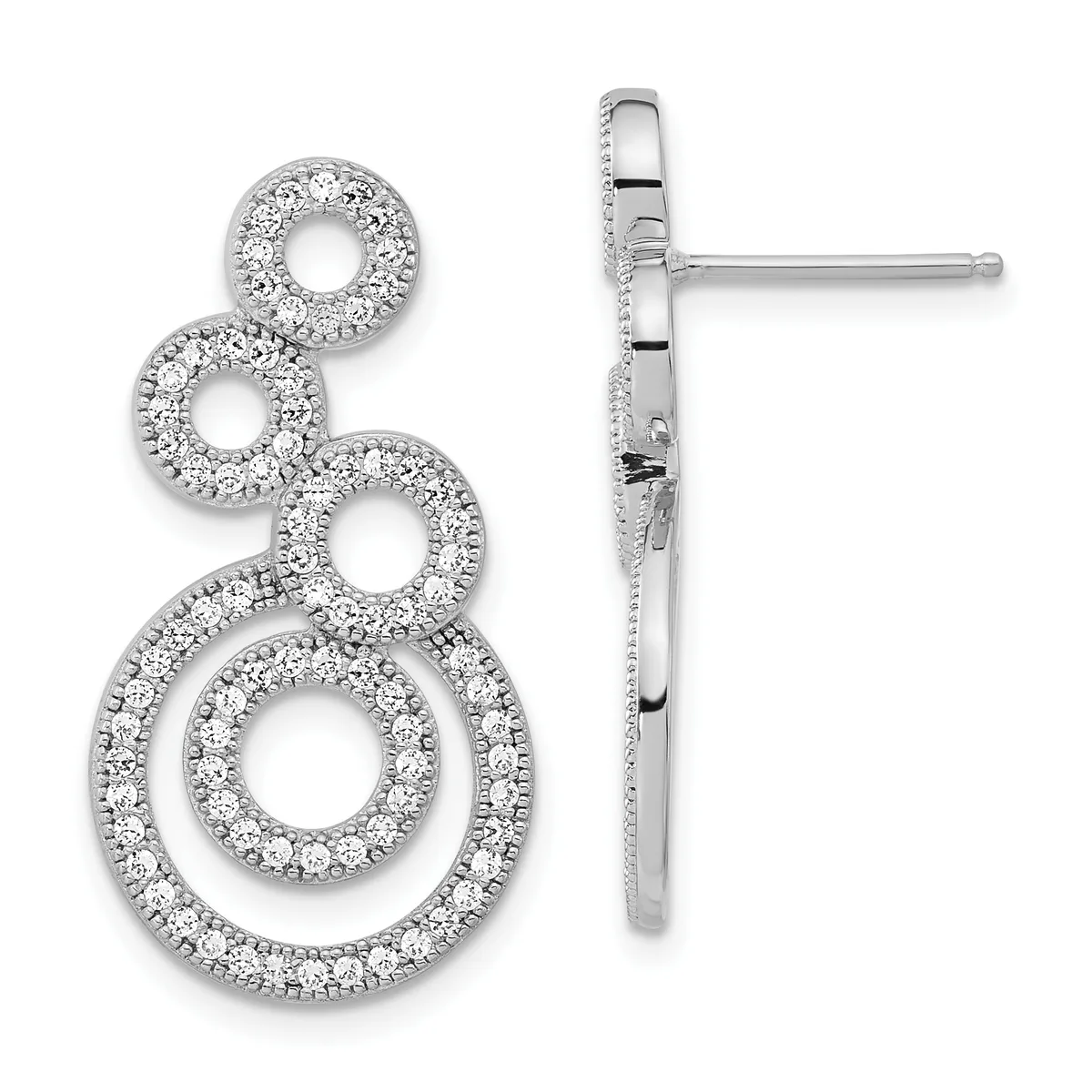 A pair of silver stud earrings with cascading circular designs outlined in diamonds, shown from front and side views.