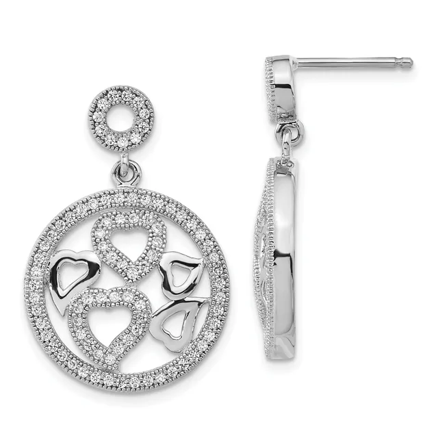Pair of silver dangle earrings with circular drop design featuring cubic zirconia pavé borders and open heart shapes within, shown from front and side views.