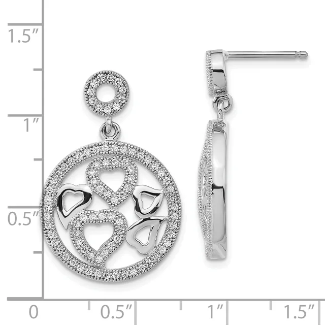 Silver dangle earrings with circular frames outlined in small crystals and four small heart charms inside, shown front and side view with a measurement scale.