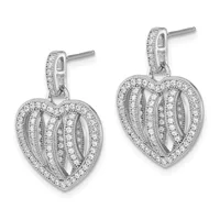 Pair of silver heart-shaped drop earrings with diamond pave settings and open filigree detailing, shown from front and side angles.