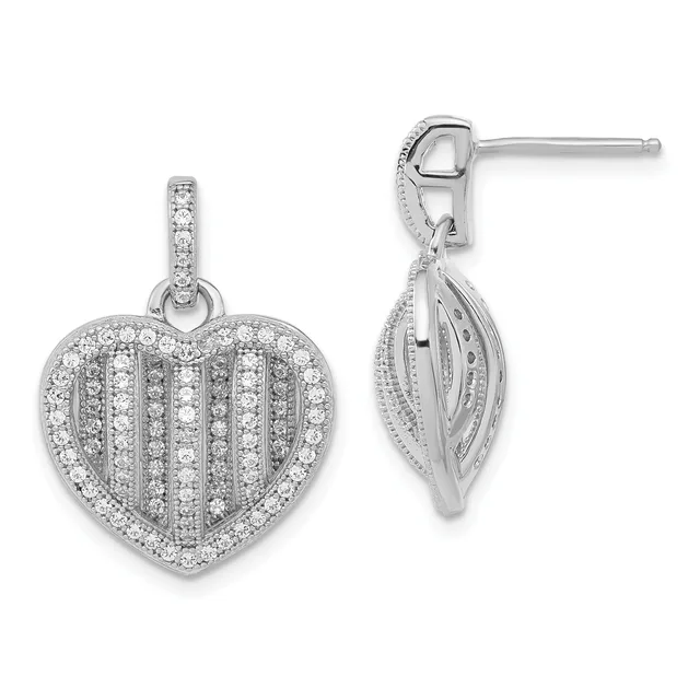 Pair of silver heart-shaped pendant earrings with vertical stripe pattern and pavé diamond setting, shown from front and back views.