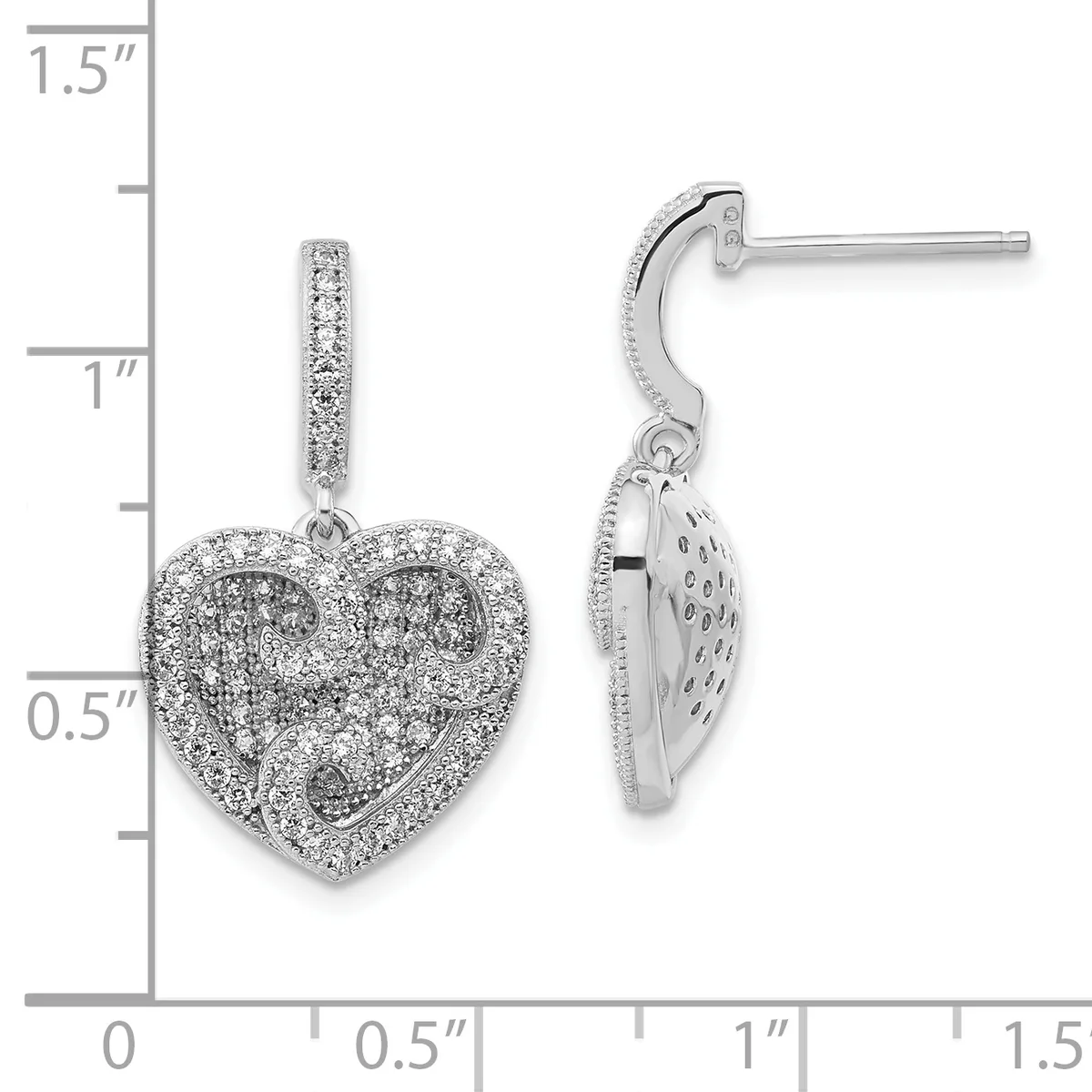 Silver heart-shaped dangle earrings with diamond pave setting, shown front and side view with measurement scale indicating approximately 1.25 inches in length.