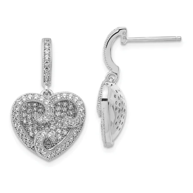 A pair of silver heart-shaped drop earrings with diamond pavé settings, shown from front and side views.