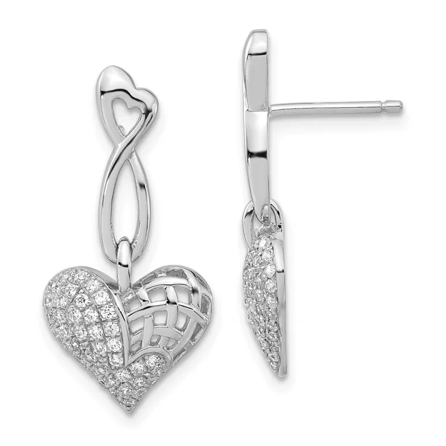 Pair of silver drop earrings with intertwined heart shapes at top and pave-set cubic zirconia-studded heart charms hanging below, shown from front and side views.