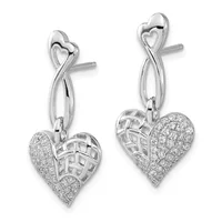 Pair of silver drop earrings featuring heart-shaped tops with openwork design, suspended from twisted metal loops, with diamond-paved heart charms below.