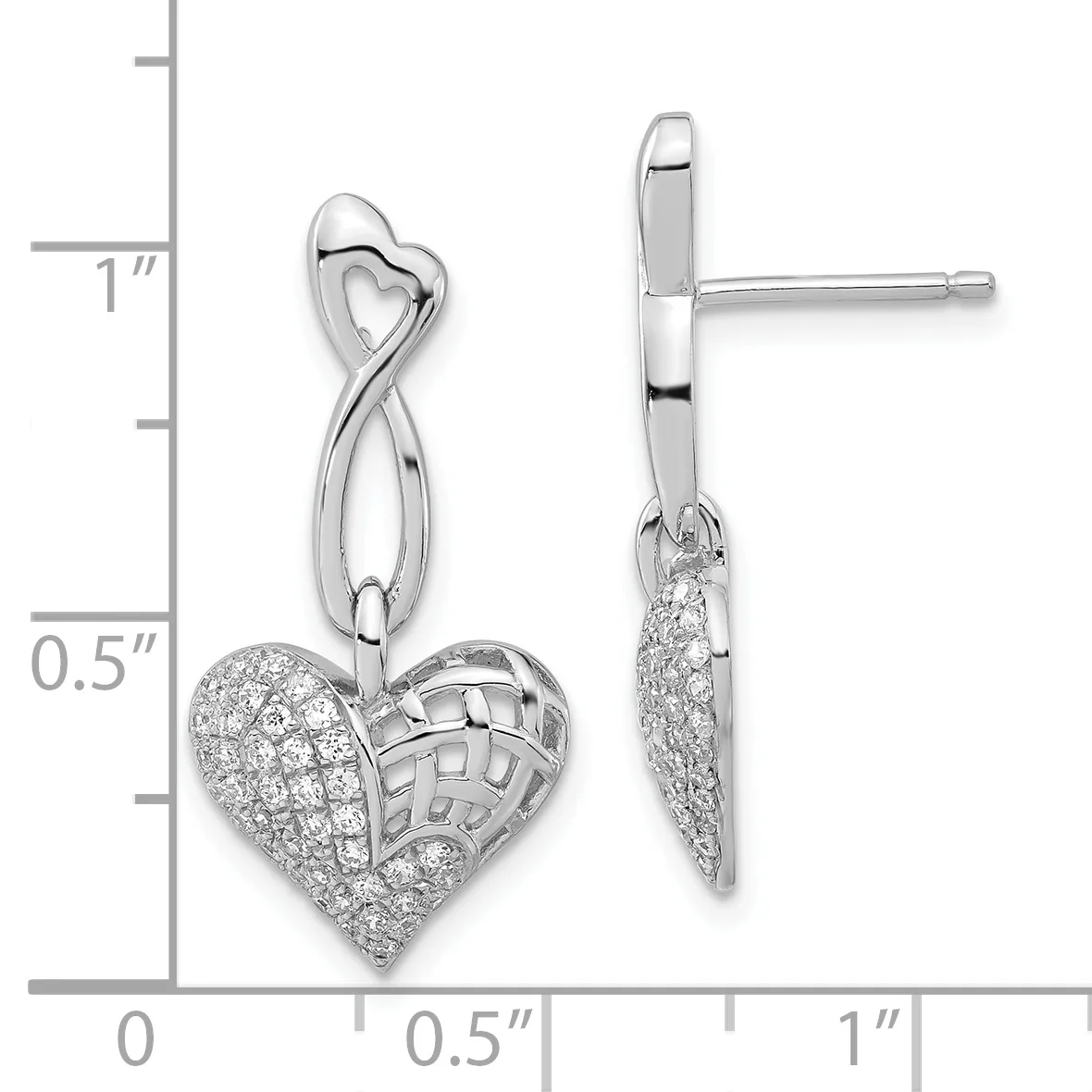 Pair of silver heart dangle earrings with pave diamond settings and twisted ribbon-style posts, shown front and side view against a measurement scale.