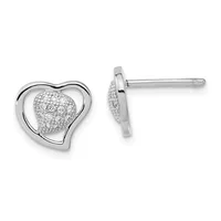 Pair of silver stud earrings shaped like hearts with diamond-paved inner hearts, shown from front and side views.