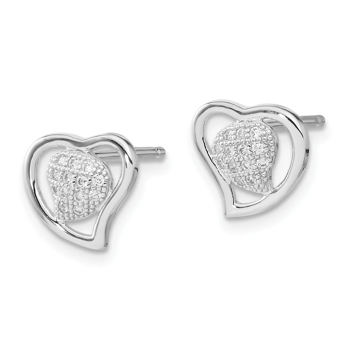 A pair of silver heart-shaped stud earrings with textured diamond-patterned centers, shown from the front against a white background.
