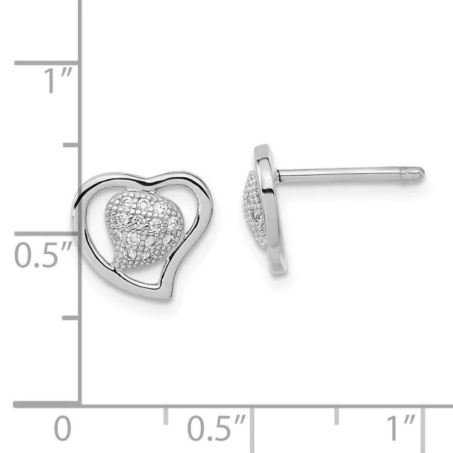 A pair of silver heart-shaped stud earrings with pave-set diamonds on the inner surface, shown next to a ruler for scale indicating approximately half an inch in height.