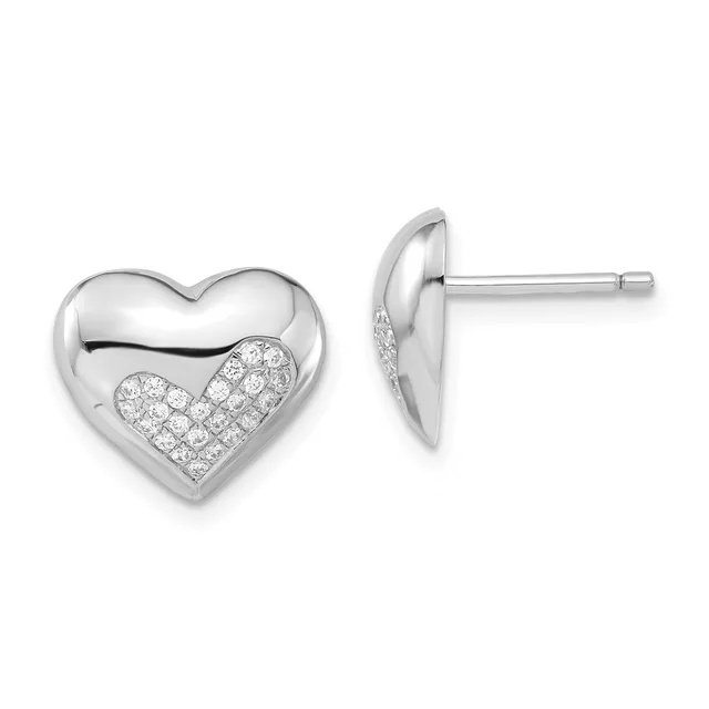 A pair of silver heart-shaped stud earrings with polished surfaces and diamond-paved lower halves, shown from front and side views.