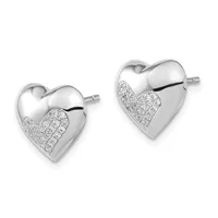 A pair of polished silver heart-shaped stud earrings with diamond-paved lower halves, shown from the front on a white background.