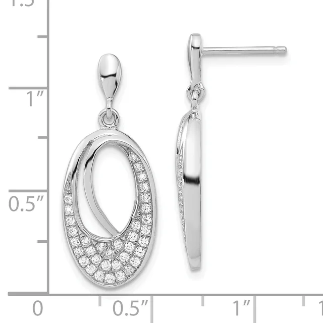 Silver oval dangle earrings with cubic zirconia pavé settings along the outer edges, shown front and side view next to a measurement ruler.