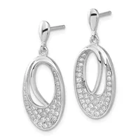 Pair of silver oval drop earrings with diamond pavé setting on the lower half, shown from front view with posts and backs visible.