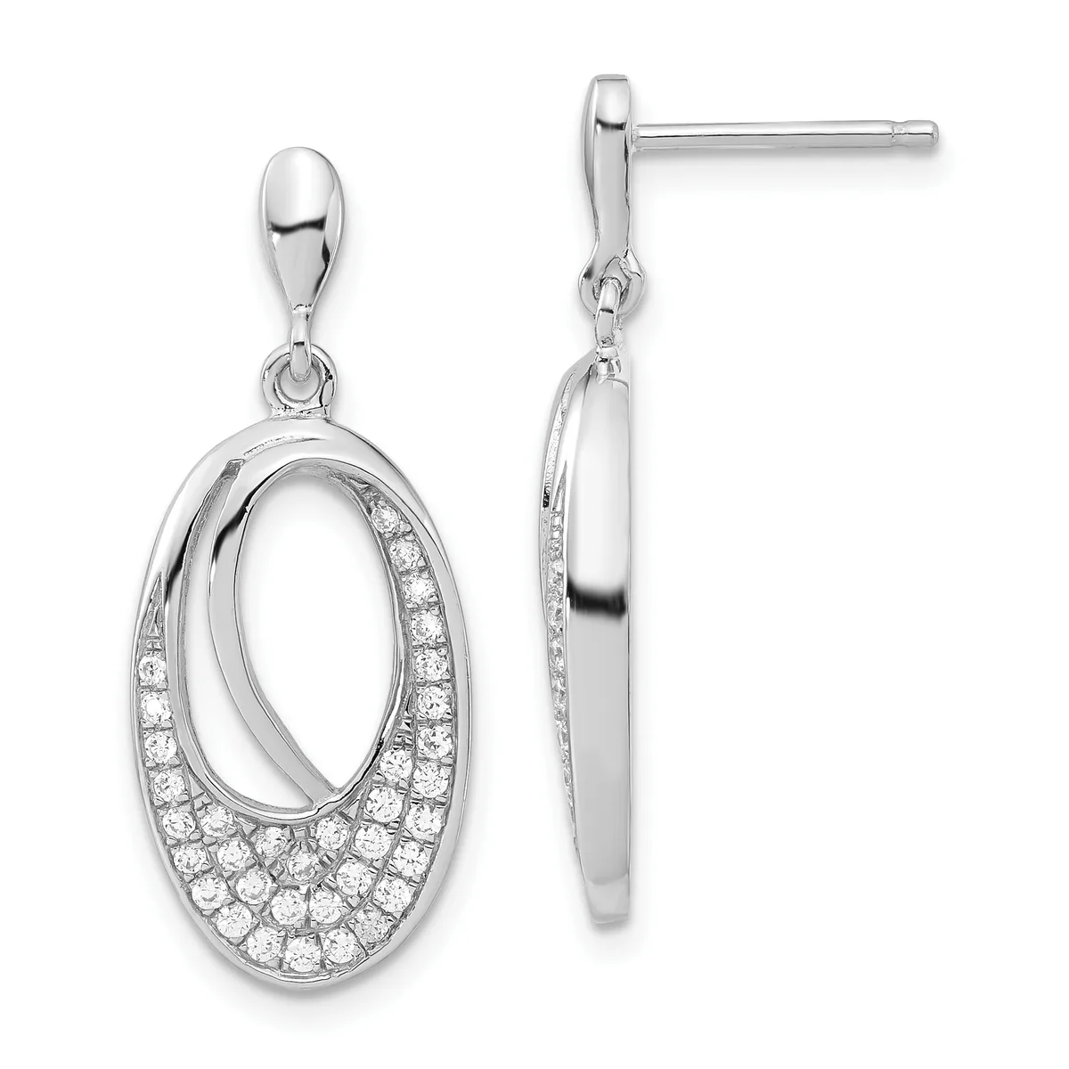 A pair of sterling silver drop earrings with oval frames lined with round diamonds, shown from front and side views.
