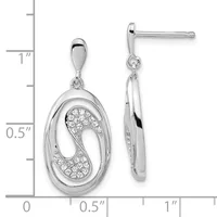 A pair of silver oval drop earrings with cubic zirconia pavé detailing on the inner half, shown front and side view against a measurement scale.
