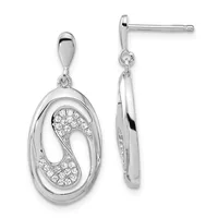 Pair of silver oval drop earrings with polished and textured surfaces, featuring cubic zirconia pavé accents, shown from front and side views.