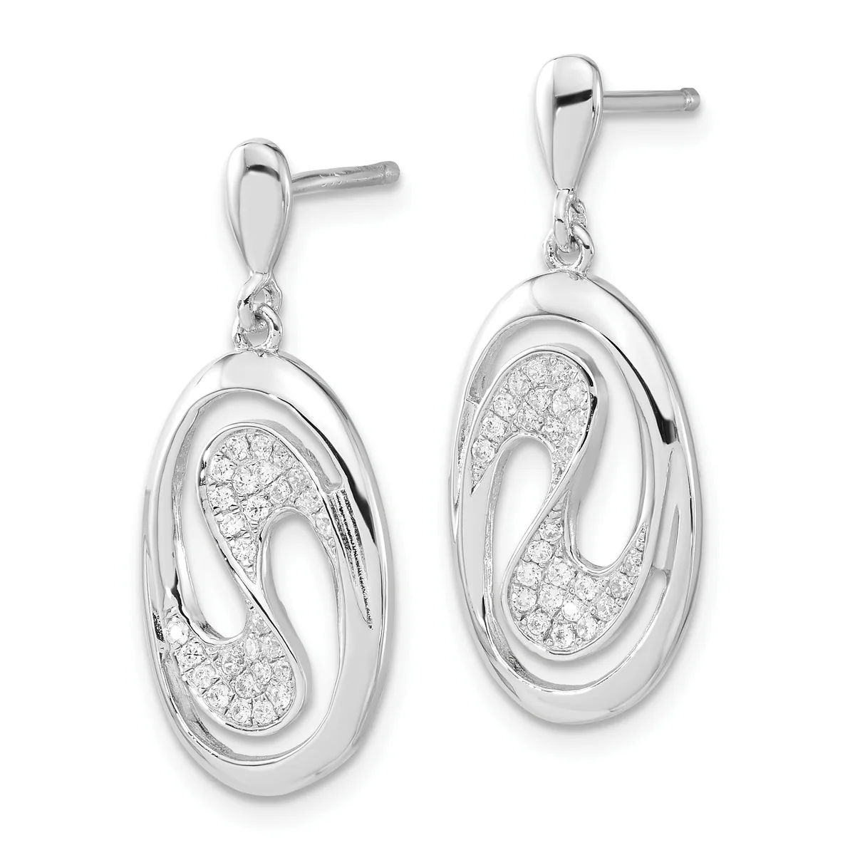 Pair of silver drop earrings with oval frames containing diamond-paved sections and open cutout areas, displayed on posts with backs.