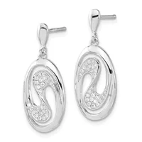 Pair of silver drop earrings with oval frames containing diamond-paved sections and open cutout areas, displayed on posts with backs.