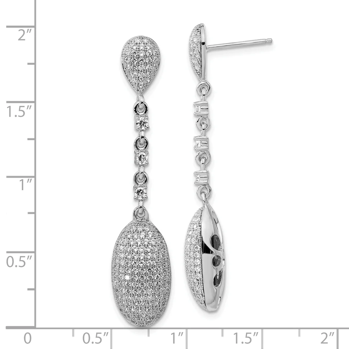 Pair of silver drop earrings with pave-set cubic zirconia teardrop tops and oval bottoms connected by decorative beaded stations, displayed against a measurement scale showing approximately two inches in length.