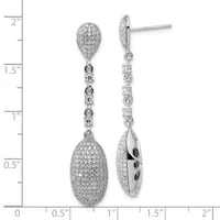 Pair of silver drop earrings with pave-set cubic zirconia teardrop tops and oval bottoms connected by decorative beaded stations, displayed against a measurement scale showing approximately two inches in length.