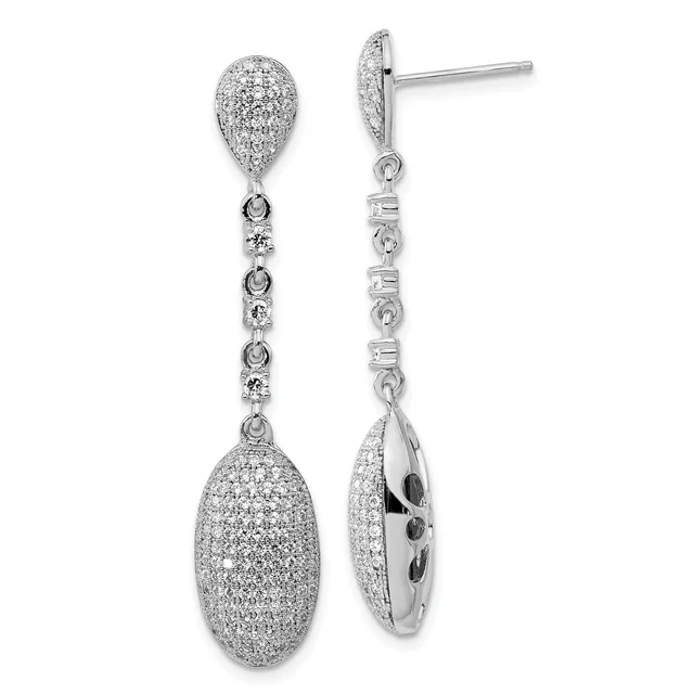 Pair of silver drop earrings with pave-set diamonds on oval pendent tops connected by chain links to smaller diamond studs.