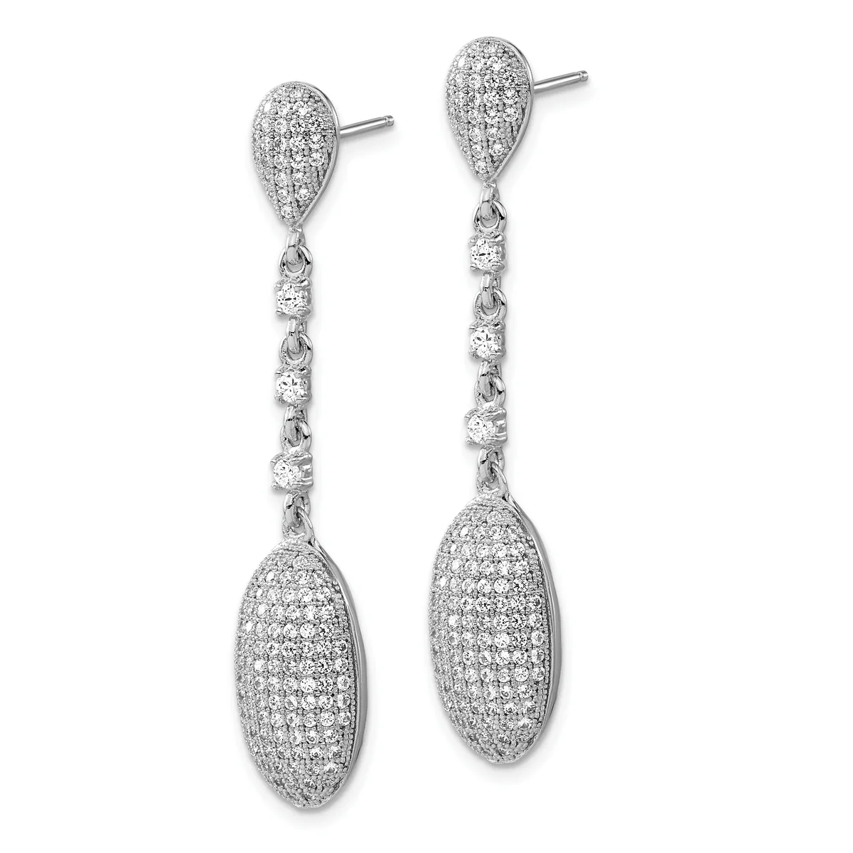 A pair of silver drop earrings with pave-set diamonds, featuring teardrop-shaped tops connected to longer oval bottoms by decorative chain links, displayed against a white background.