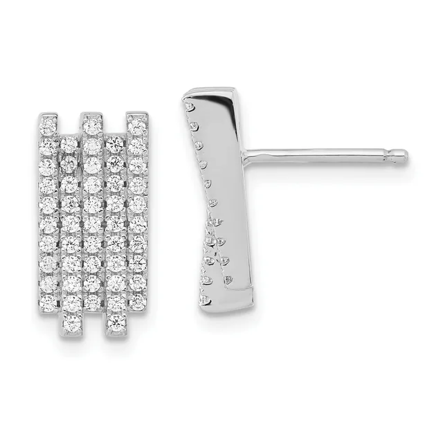 Pair of silver stud earrings with rectangular faces densely set with round diamonds, shown from front and back views.