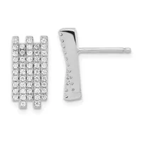Pair of silver stud earrings with rectangular faces densely set with round diamonds, shown from front and back views.