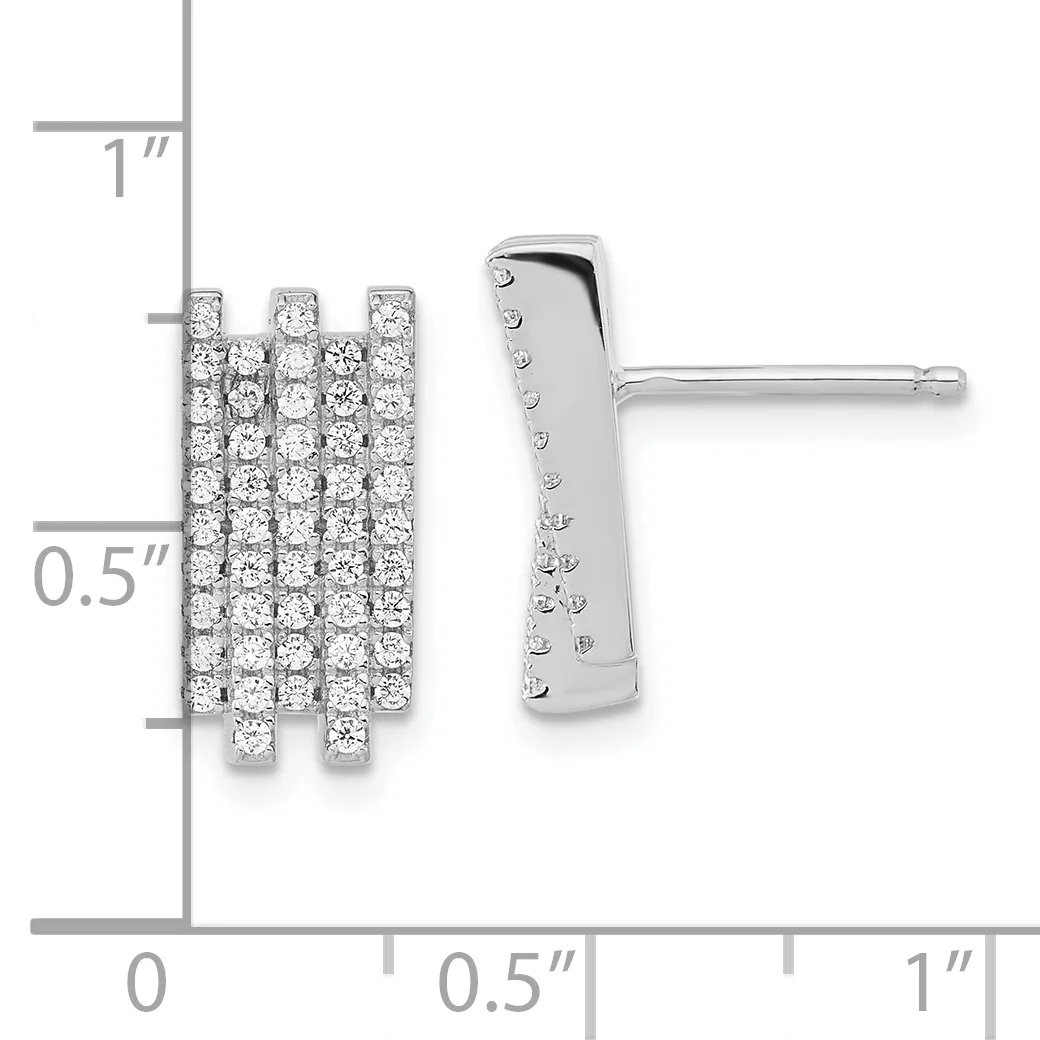 Pair of diamond stud earrings with square cluster settings in white metal, shown at actual size against a measurement ruler.