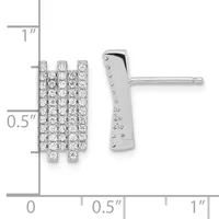 Pair of diamond stud earrings with square cluster settings in white metal, shown at actual size against a measurement ruler.