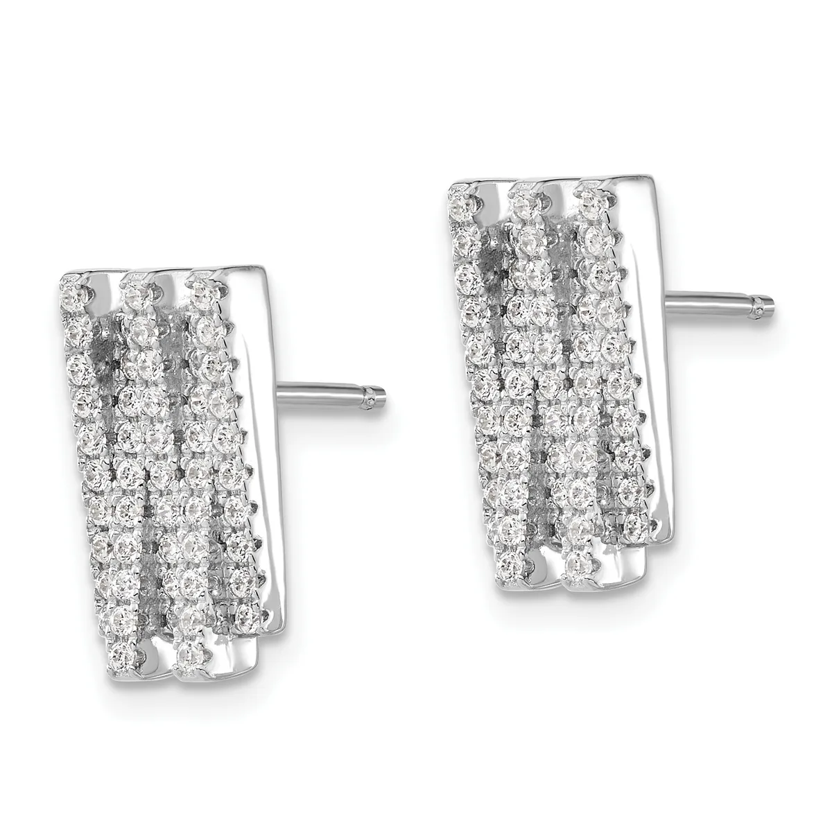 Pair of rectangular diamond stud earrings in white metal, each featuring three vertical columns of round diamonds, shown from front and back views.