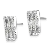 Pair of rectangular diamond stud earrings in white metal, each featuring three vertical columns of round diamonds, shown from front and back views.