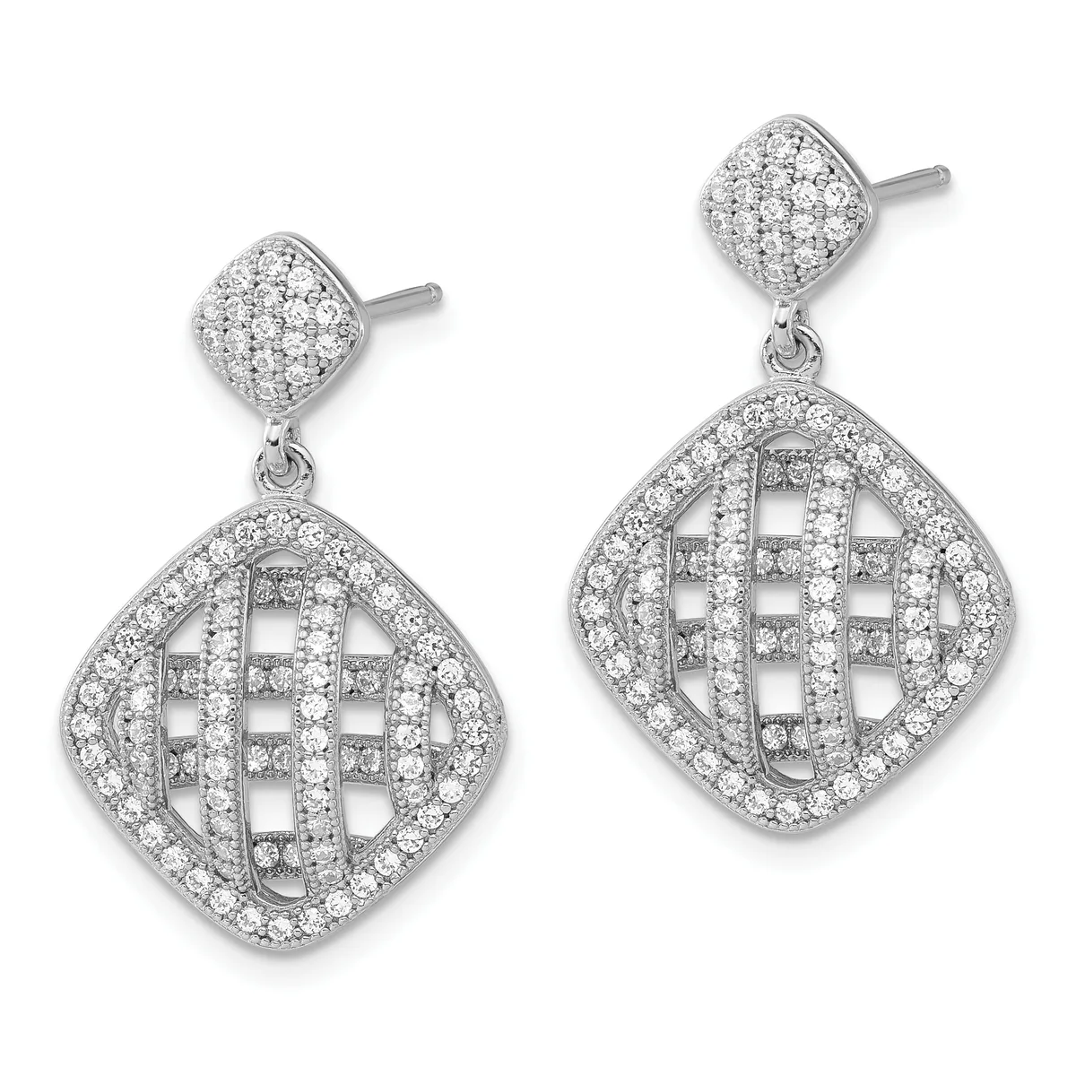 Pair of silver drop earrings with diamond-paved square studs and larger quilted square pendants set with round diamonds throughout.