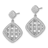 Pair of silver drop earrings with diamond-paved square studs and larger quilted square pendants set with round diamonds throughout.