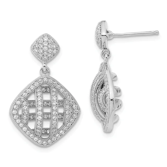 Pair of silver drop earrings with cushion-shaped tops and larger diamond-patterned pendants, shown from front and side views.