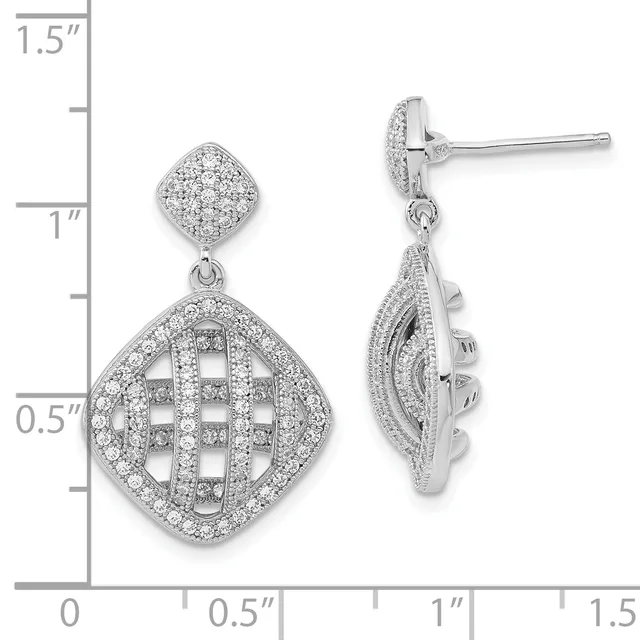 Pair of silver drop earrings with diamond-shaped tops and larger cushion-shaped lattice bottoms set with cubic zirconia, shown front and side view with measurement scale.