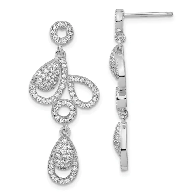 Pair of silver chandelier earrings with cubic zirconia stones arranged in looping teardrop and circular designs, shown from front and side views.